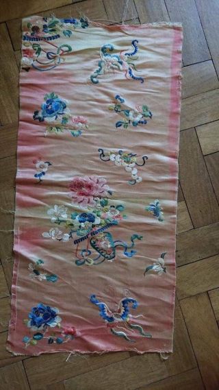 SWEET ANTIQUE CHINESE EMBROIDERED SILK PANEL FLOWERS & BUTTERFLIES c1880 2