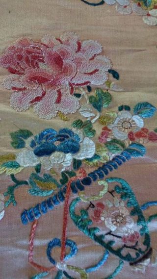 SWEET ANTIQUE CHINESE EMBROIDERED SILK PANEL FLOWERS & BUTTERFLIES c1880 3