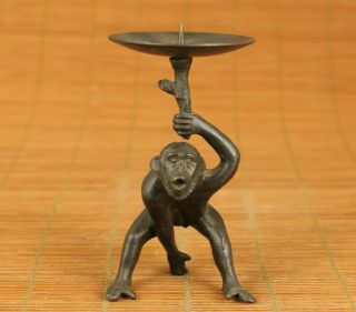 Old Bronze Hand Casting Monkey Statue Figure Candle Stick Home Decoration