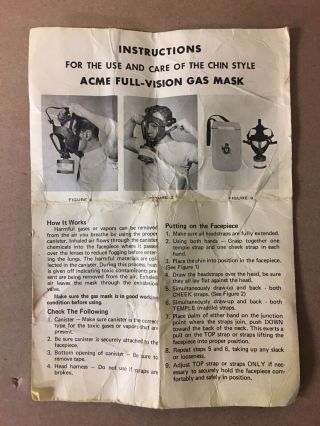 World War 2 Acme Full Vision Gas Mask Instructions Vintage Cold War