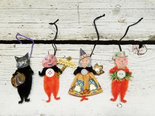 Set Of 4 Halloween Primitive Vintage Style Chenille Ornaments Pumpkin Witch Cat
