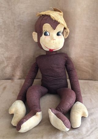 Vintage Felt Monkey Handmade Painted Face Mid Century Circus Animal Stitch Doll