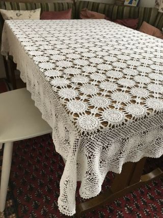 Large French Handmade Vintage Crochet Cotton Table Cover Bed Throw Tablecloth