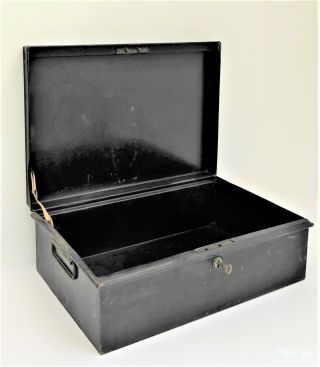 Old - Fashioned Black Metal Deed Box With Lock And Key