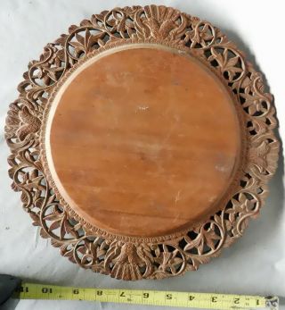 Antique Wooden Bread Plate Tray Hand Pierce Carved Reticulated Peacock Bird 1860