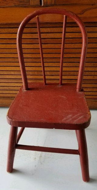 Old Primitive Antique Childs Doll Chair.  Red Paint.  Pegged Back