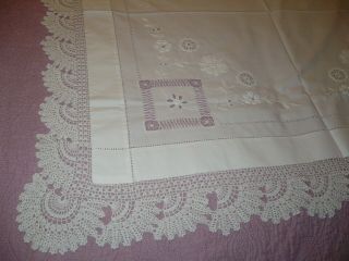 Fancy Antique Or Vintage Cotton Embroidered & Crochet Lace 40 " Tablecloth