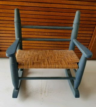 Vintage Primitive Old Blue Wicker Wood Bench Armchair Doll Bear Furniture