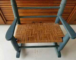 Vintage Primitive Old Blue Wicker Wood Bench Armchair Doll Bear Furniture 2