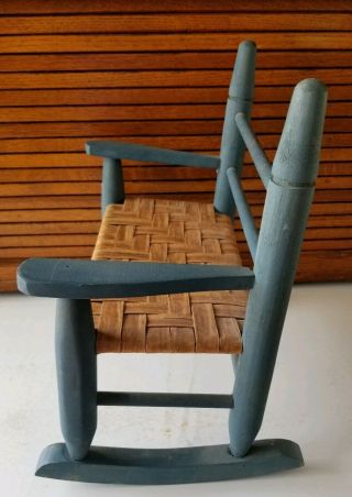 Vintage Primitive Old Blue Wicker Wood Bench Armchair Doll Bear Furniture 5