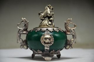 Old Chinese Silver Dragon Inlaid Jade Handmade Carved Lion Incense Burner