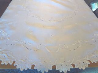 Spectacular Early Vintage White Highly Raised Hand Embroidered Tablecloth