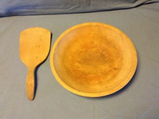 Vtg Antique Signed Munising Wooden Dough Bowl Out Of Round Oval & Butter Paddle
