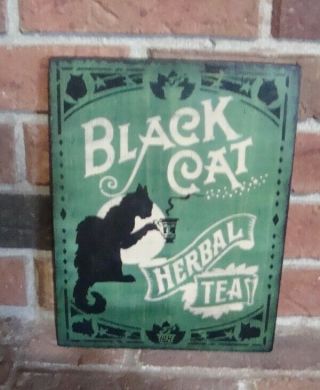 Primitive Style Black Cat Sign “ Black Cat Herbal Tea " Hp Shades Of Green