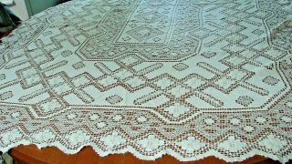 Antique Early Vintage Hand Made Lace Banquet Tablecloth 57 X 94