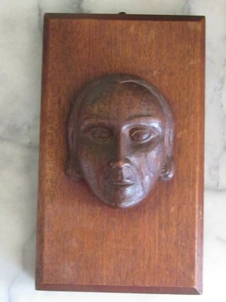 Vintage Art Deco Carved Oak Wood Female Face On Plinth.  Europe.  1930 