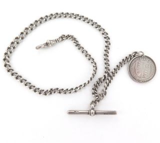 C1880s English Sterling Silver Graduating Pocket Watch Chain,  T/bar & 1887 Coin.