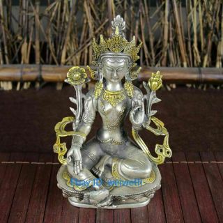Old Buddhism Tibet Silver Gilded Hand Carved Bodhisattva Buddha Greentara Statue
