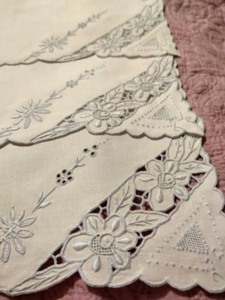 Vintage Madeira Cutwork & Light Blue Embroidery White Linen Napkins - Set Of 7