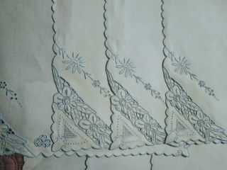Vintage Madeira Cutwork & Light Blue Embroidery White Linen Napkins - Set of 7 2