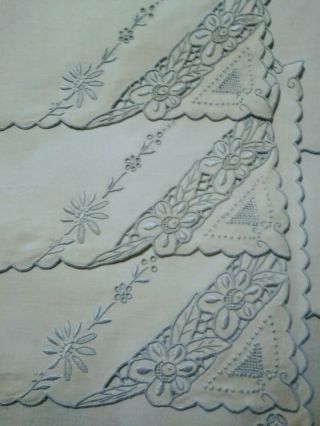 Vintage Madeira Cutwork & Light Blue Embroidery White Linen Napkins - Set of 7 5