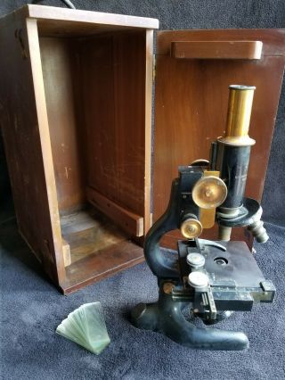 Antique Bausch & Lomb Monocular Microscope With Mechanical Stage,  Case & Slides