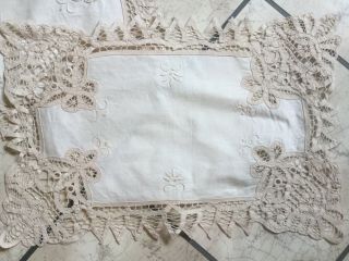 Antique Vintage Set 3 Ivory Lace & Linen Place Mats Runners Doilies W Embroidery