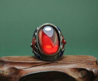 China Antique Hand - Made Tibetan Silver Inlay Cloisonn & Red Zircon Ring A02