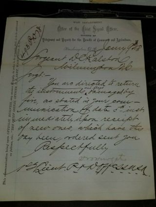 Post Civil War Memo Regarding The Return Of Instruments Dated 1878