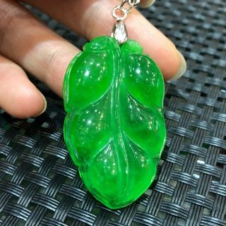 Chinese S925 Silver & Natural Jadeite Jade Handwork Green Leaf Rare Pendant