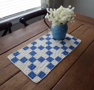 Antique Farmhouse Blue & White Nine Patch Table Quilt Runner 23x12