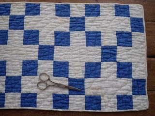 Antique Farmhouse Blue & White Nine Patch Table Quilt RUNNER 23x12 4