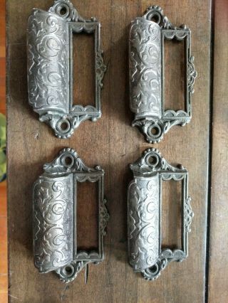 Set of 4 Antique Eastlake Ornate Cast Iron Apothecary Bin Pulls Drawer Handles 2