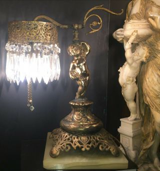 FINE ANTIQUE FRENCH ART NOUVEAU GILT BRONZE& EGYPTIAN ALABASTER CHERUB LAMP 1915 2