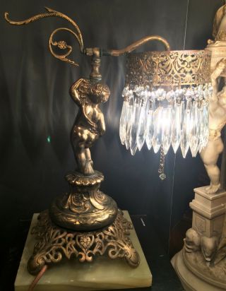 FINE ANTIQUE FRENCH ART NOUVEAU GILT BRONZE& EGYPTIAN ALABASTER CHERUB LAMP 1915 4