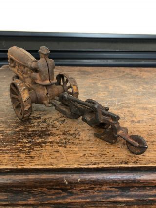 Vintage Cast - Iron Tractor W/ Driver And Plow 3