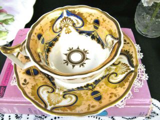 English Porcelain Yates 1825 Tea Cup And Saucer Cobalt Spade Fan Teacup Painted