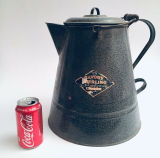 Antique Large Coffee Pot Kettle Primitive Campfire Cowboy 14 " Tall Porcelain Top