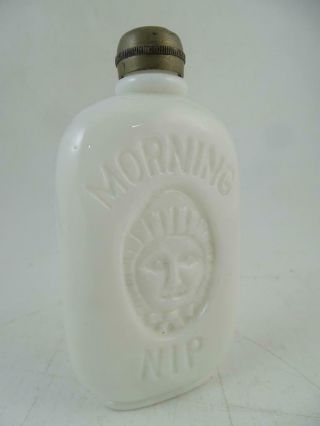 Antique German White Milk Glass Whiskey Bottle Flask Morning Nip Embossed Vtg