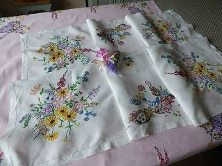 Vintage Hand Embroidered Tablecloth/ Exquisite Crinoline Ladies & Bouquets