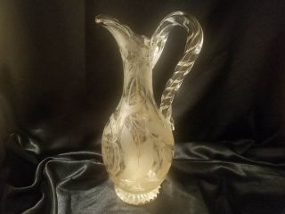 Rare & Stunning C.  1830/50 Etched Glass Ewer With Sterling Crimped Base