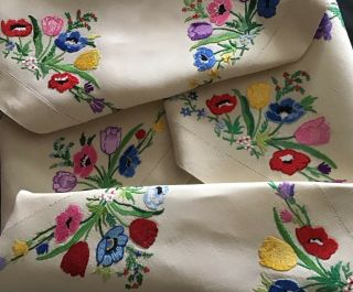 Gorgeous Vintage Irish Linen Hand Embroidered Tablecloth Lovely Spring Florals