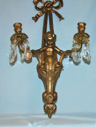 Large Vintage Cast Metal Cherub Wall Sconce Candle Holder Crystal Prisms