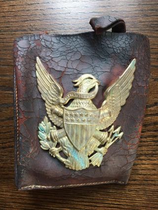 Us Army Indian Wars Brass Eagle Helmet Plate On Leather Ammunition Pouch 1880s