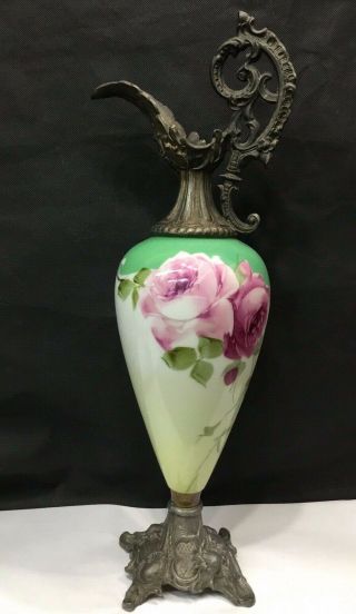 Vintage Antique Large 22 " Porcelain & Metal Ewers Urns Hand Painted Flowers