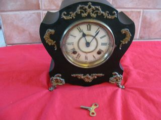 Vintage Antique Cast Iron - Metal Case Mantletable Shelf Clock With Key Parts