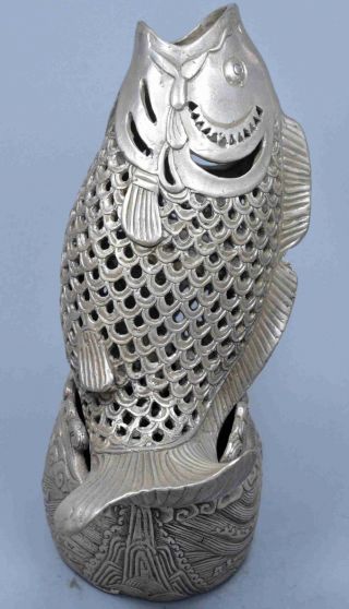 Old Collectable Miao Silver Carve Hollow Out Goldfish Ancient Use Incense Burner 2