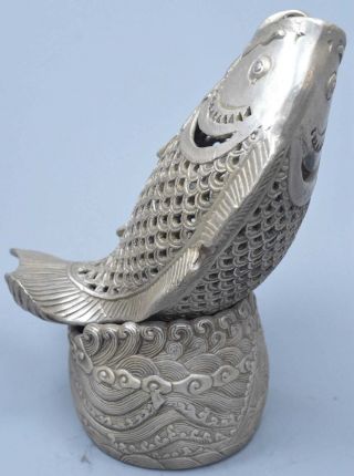 Old Collectable Miao Silver Carve Hollow Out Goldfish Ancient Use Incense Burner 4