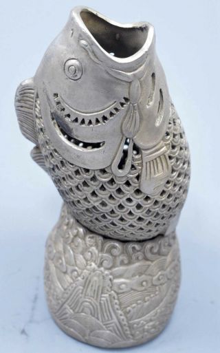 Old Collectable Miao Silver Carve Hollow Out Goldfish Ancient Use Incense Burner 5