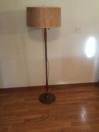 Vintage Mid Century Floor Lamp Brass Teak Walnut Wood